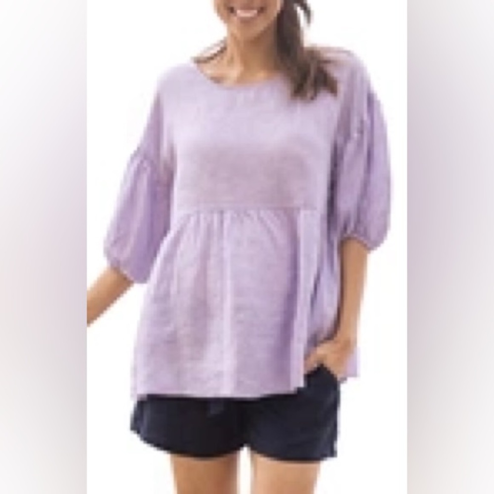 Angel Maternity PUFF SLEEVE LINEN MATERNITY BLOUSE IN MAUVE Medium
